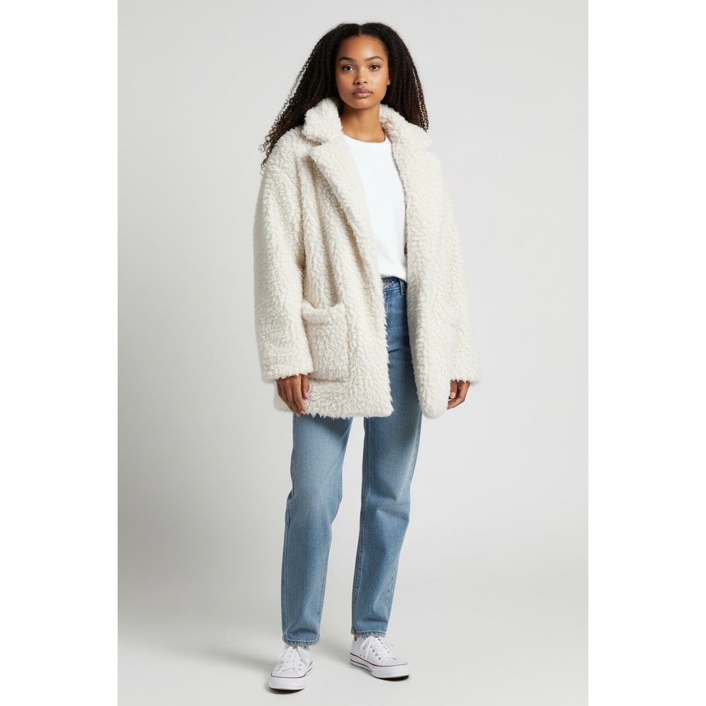 Aerie Cream Shaggy Faux Fur Teddy Coat Oversized‎ Collar Pockets L